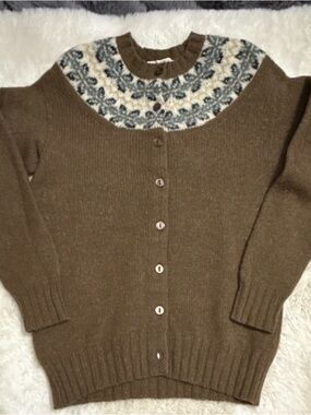 Classic Brown Fair Isle Yoke Cardigan Sweater